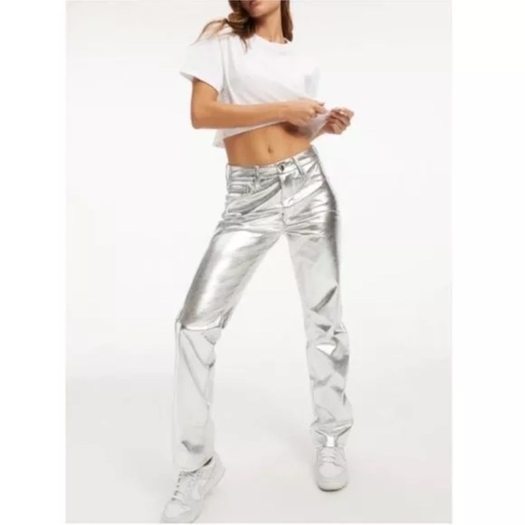 Good American Faux Leather Good Icon Straight Pants SilverMetallic- size 00 - Picture 2 of 5